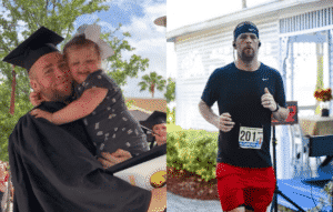 Jeff Harvell graduating and holding daughter; Jeff running a half marathon