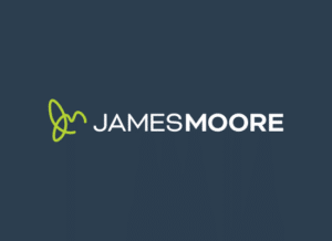 James Moore logo in green and white sitting on top of a navy blue background.