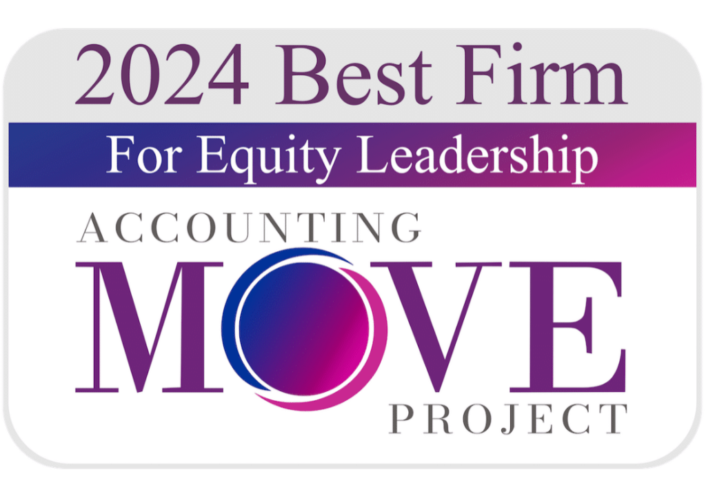 Acctg-MOVE-2024-equity-leadership-1 The official logo for Accounting MOVE Project. The logo has pink, blue, and purple imagery and text on the front that says 2024 Best Firm for Equity Leadership.