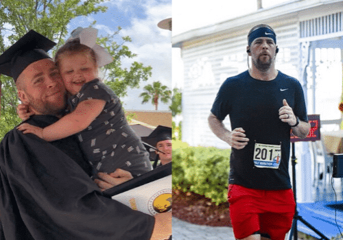 Jeff Harvell graduating and holding daughter; Jeff running a half marathon